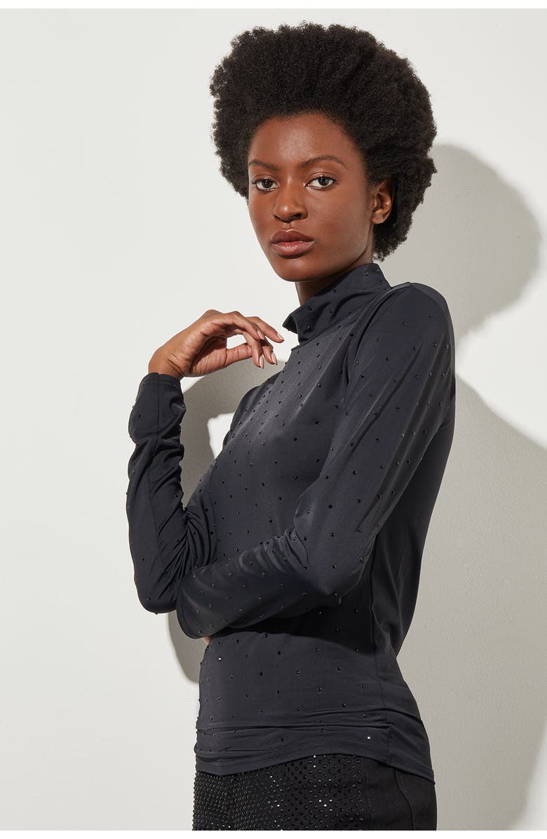 Ming Wang Crystal Detail Mock Neck Top, Alternate, color, Black