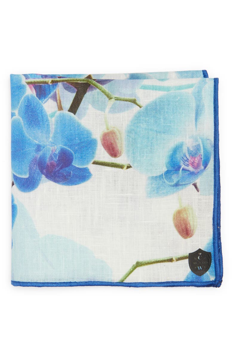 CLIFTON WILSON Blue Floral Linen Pocket Square, Main, color, Blue