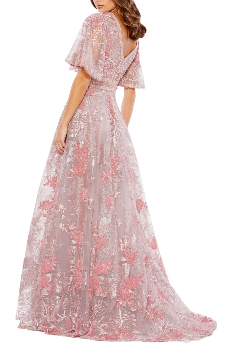 Mac Duggal Embroidered Flounce Sleeve A-Line Gown, Alternate, color, Pink