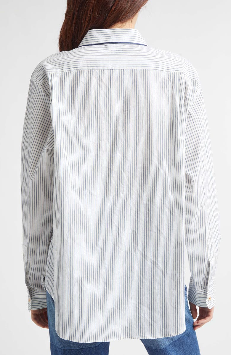 KURO Quiet Stripe Piped Cotton Button-Up Shirt, Alternate, color, White