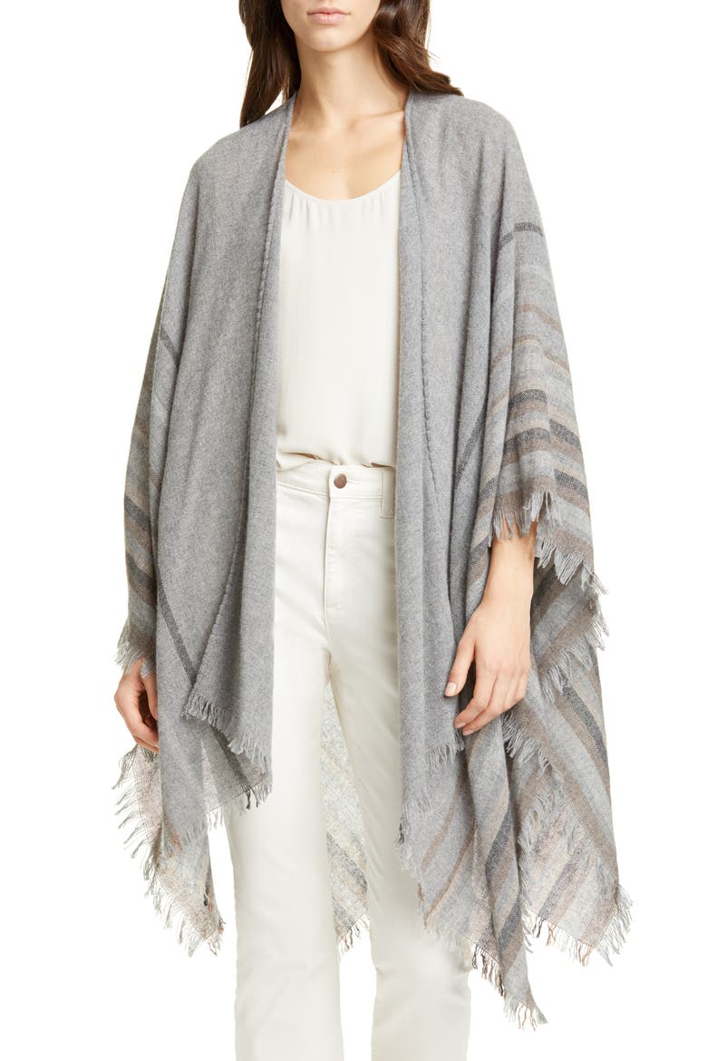 Stripe Wool Blend Poncho Wrap, Main, color, ASH