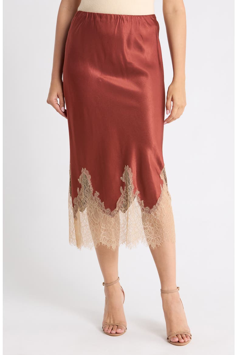 Lace Trim Satin Slip Skirt, Main, color, RUST/ ANTIQUE IVORY