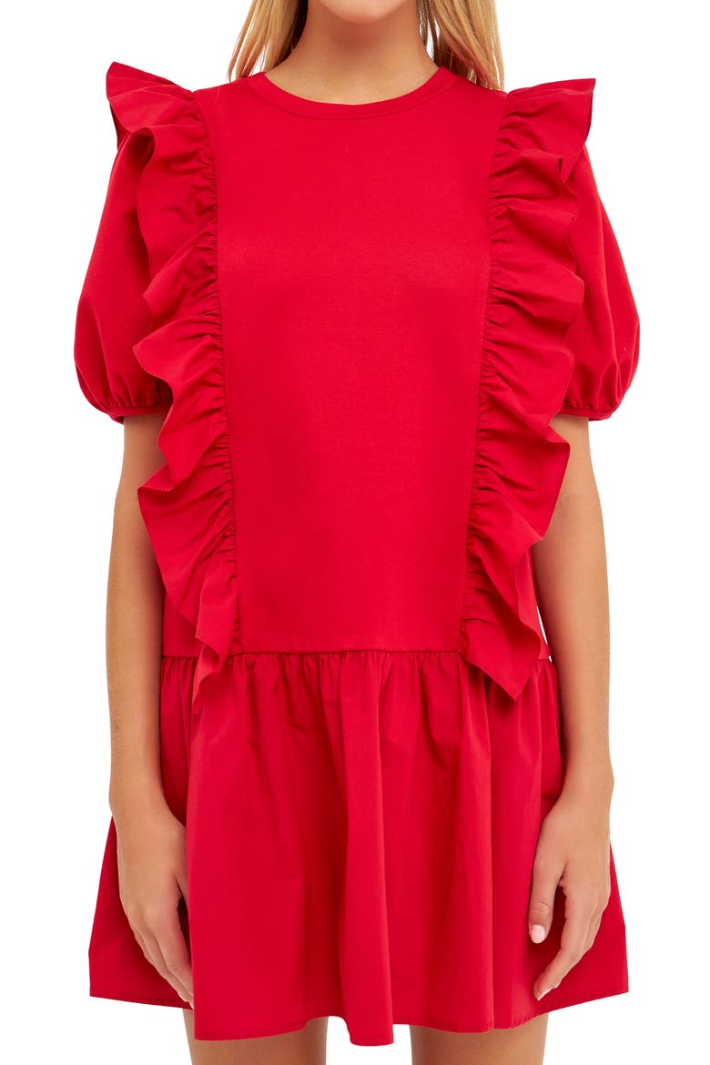 Ruffle Mixed Media Minidress, Alternate, color, CHERRY RED