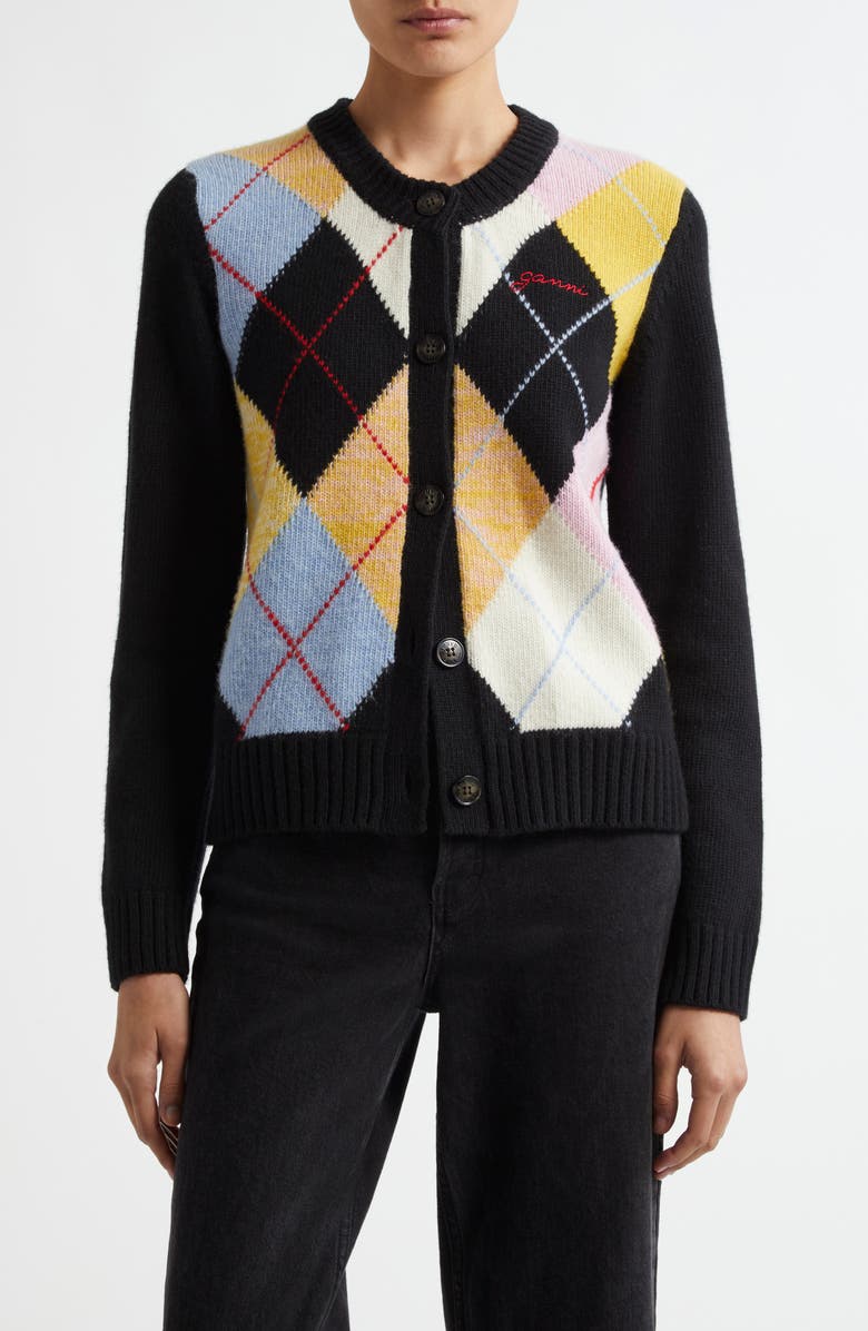 Ganni Harlequin Wool Blend Argyle Cardigan, Main, color, 