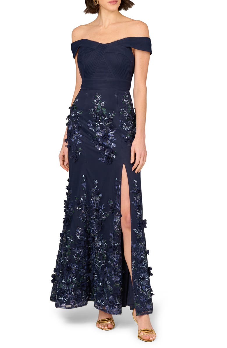 Aidan Mattox by Adrianna Papell Sequin Embellished Off the Shoulder Mermaid Gown, Main, color, Navy