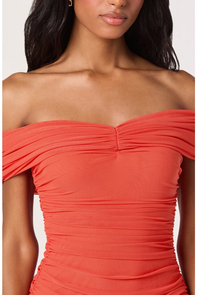 Andreanna Off the Shoulder Mesh Maxi Dress, Alternate, color, RED ORANGE