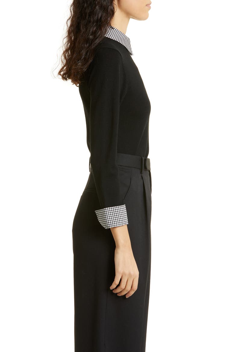 Houndstooth Trim Stretch Wool Sweater, Alternate, color, BLACK