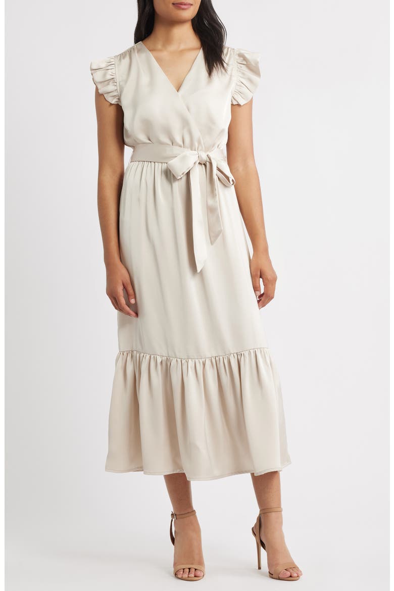 Flutter Sleeve Satin Dress, Main, color, CHAMPAGNE