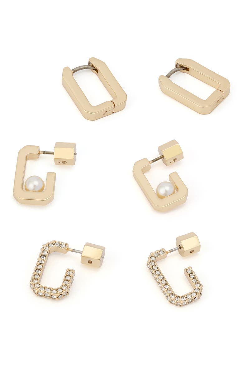 Set of 3 Assorted Hexagon Hoop Earrings, Alternate, color, GOLD/ PEARL