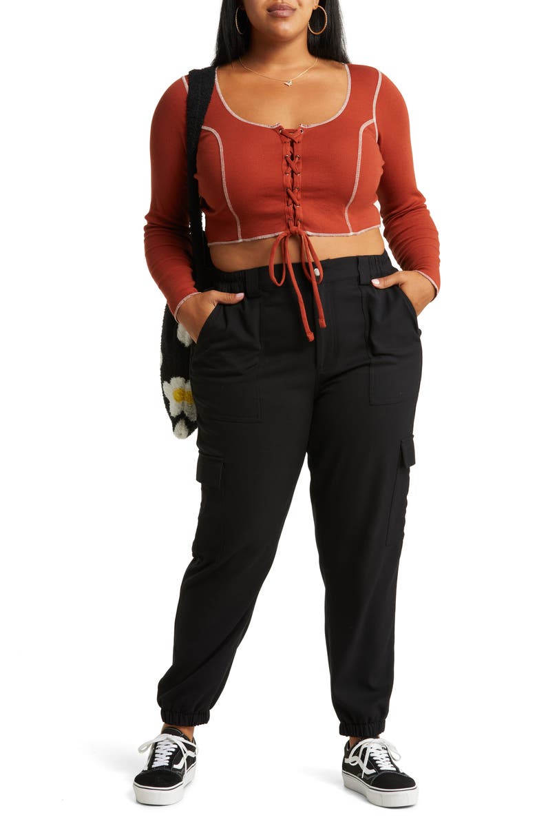 BP. Lace-Up Organic Cotton Blend Top, Alternate, color, 