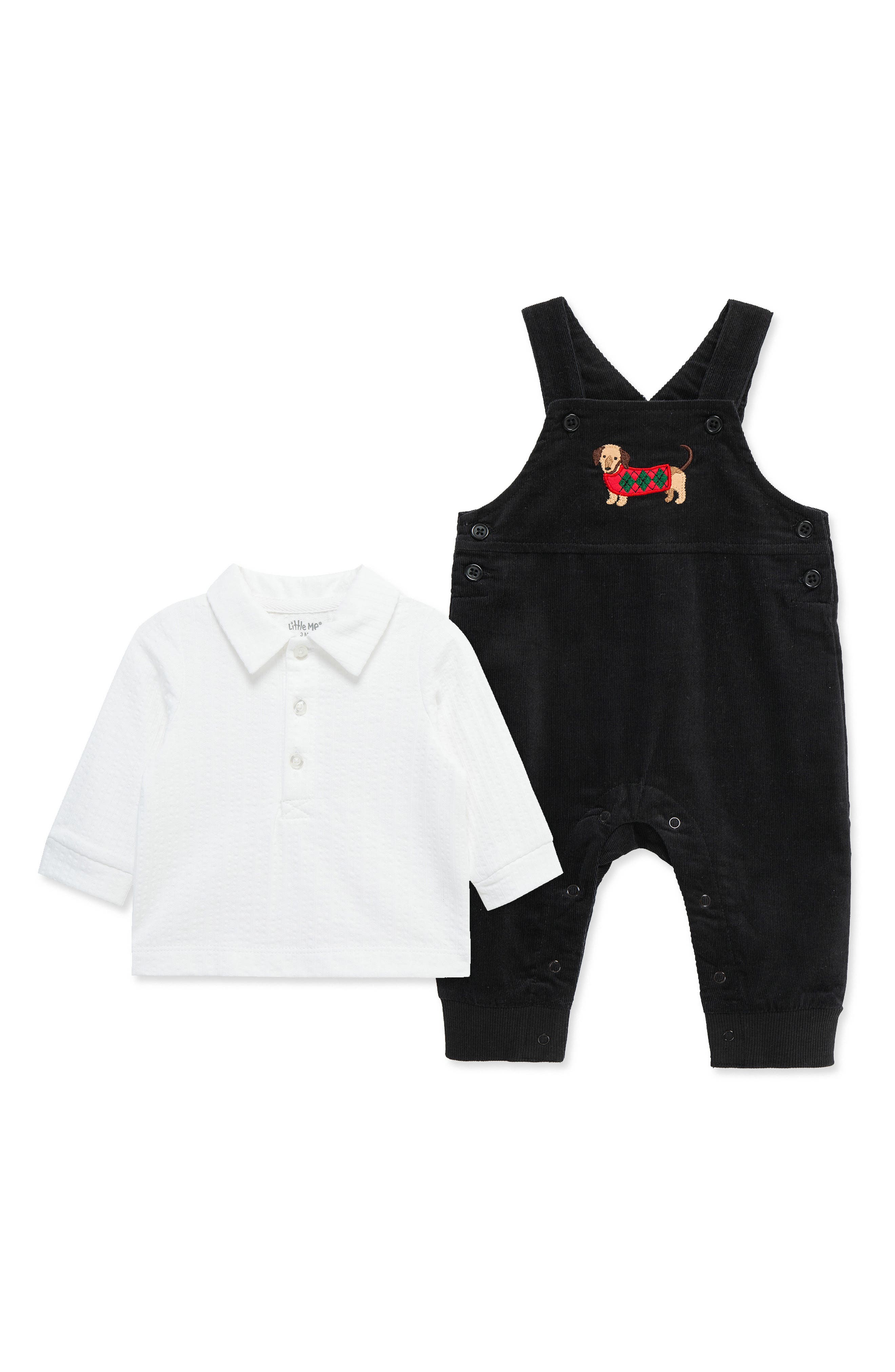 Little Me Kids' Holiday Party Pup Corduroy Overalls & Shirt Set