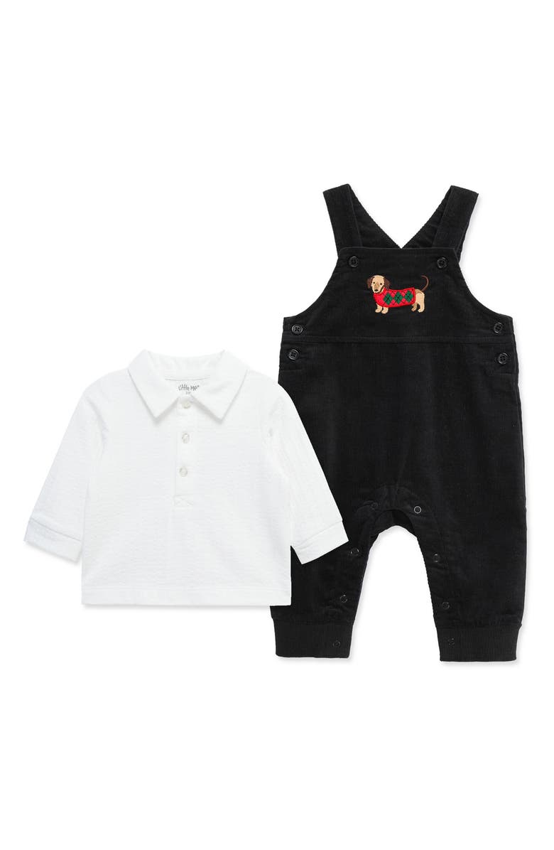 Little Me Kids' Holiday Party Pup Corduroy Overalls & Shirt Set, Main, color, Black
