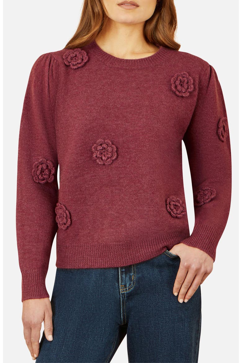 Crochet Flower Knit Jumper, Alternate, color, Burgundy