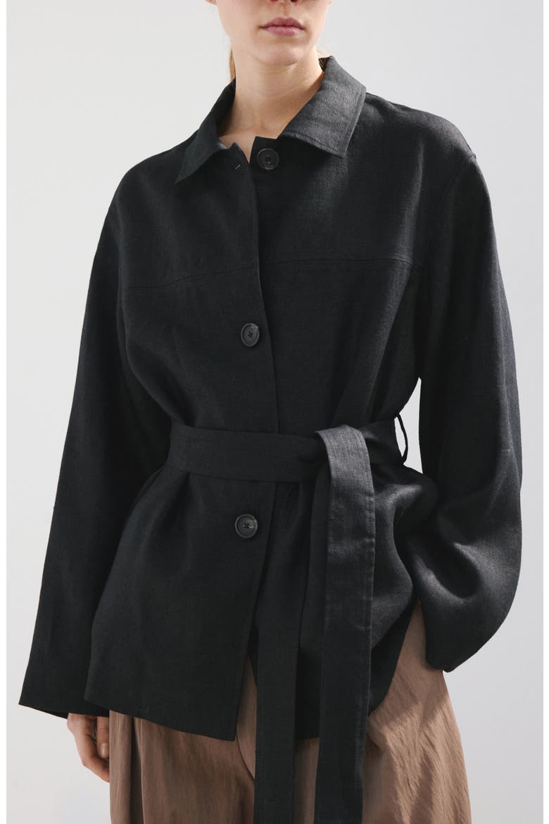 Belted Linen Jacket, Main, color, BLACK