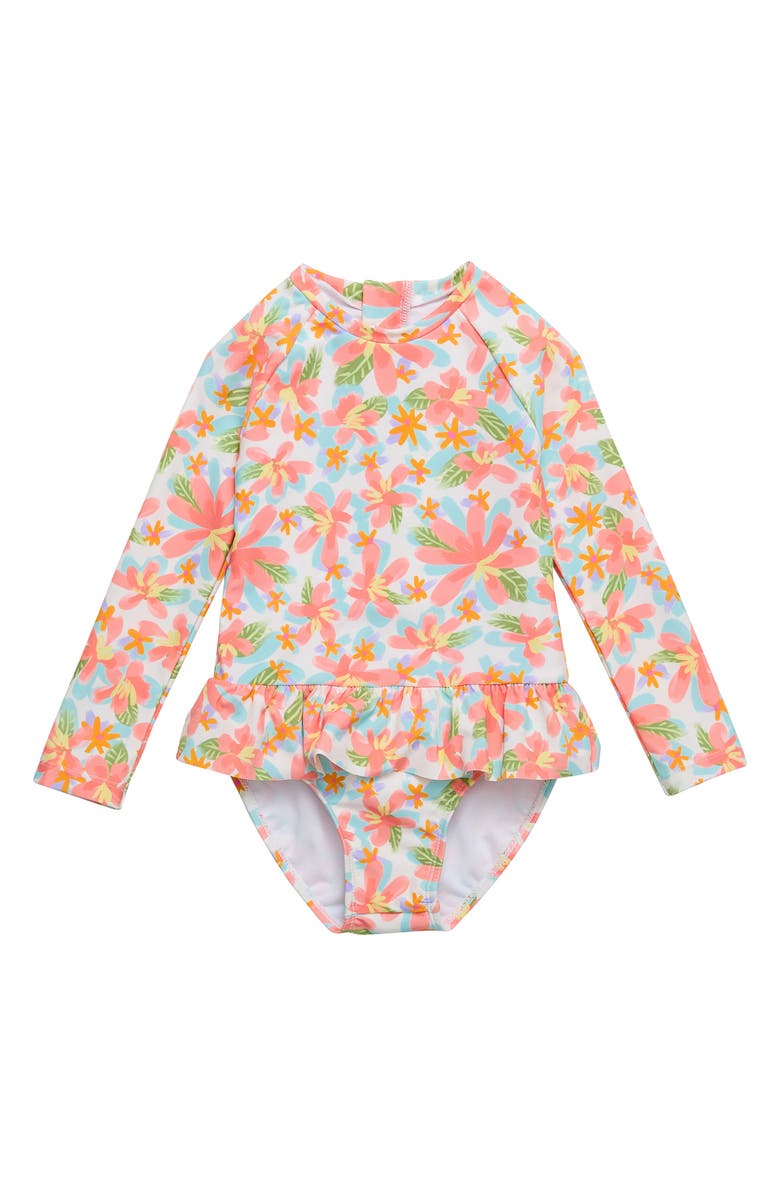 Snapper Rock Kids' Tropical Print Long Sleeve One-Piece Rashguard Swimsuit, Main, color, 