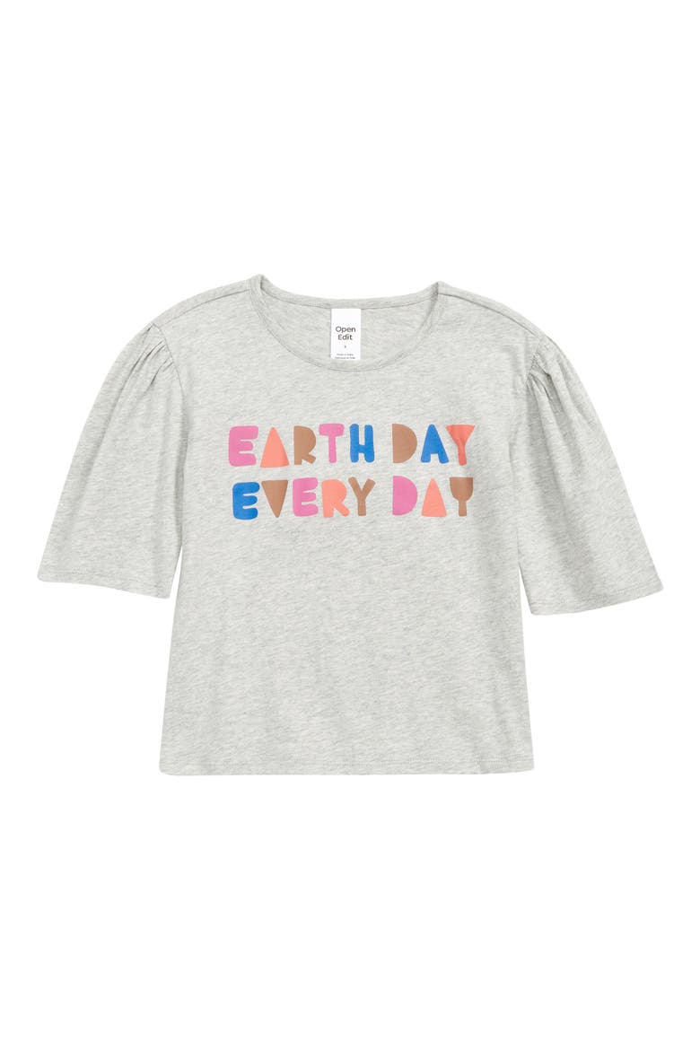 Kids' Puff Sleeve Graphic Tee, Main, color, GREY LIGHT HEATHER EARTHDAY