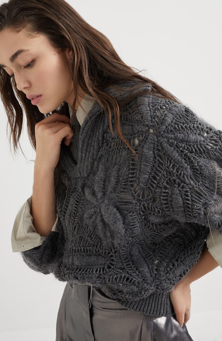 Brunello Cucinelli Handmade Flower Crochet OPERA sweater in cashmere Feather yarn, Alternate, color, 