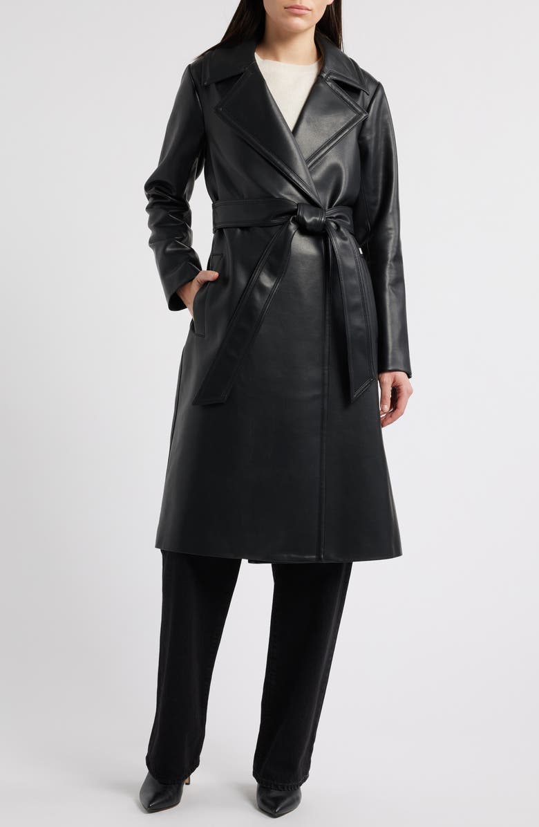 Michael Kors Long Faux Leather Trench Coat, Main, color, Black