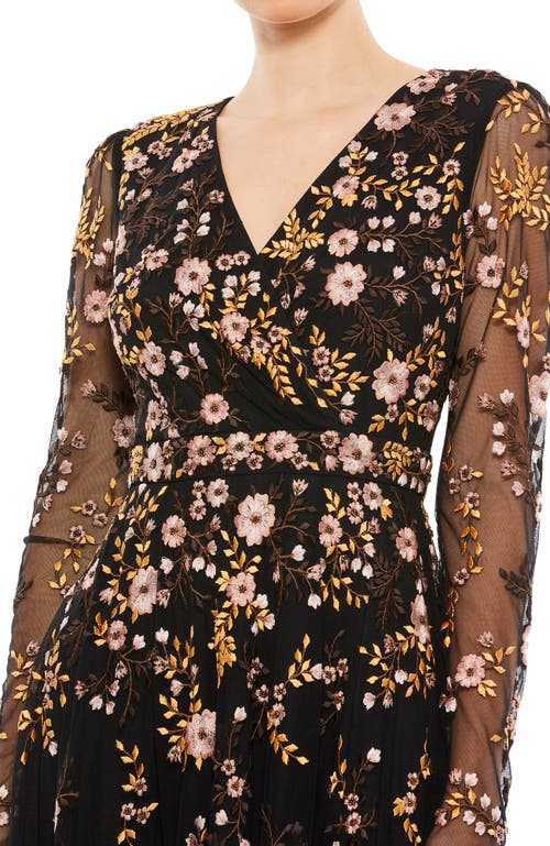 Mac Duggal Embroidered Wrap Over Illusion Sleeve Midi Dress In Black Multi