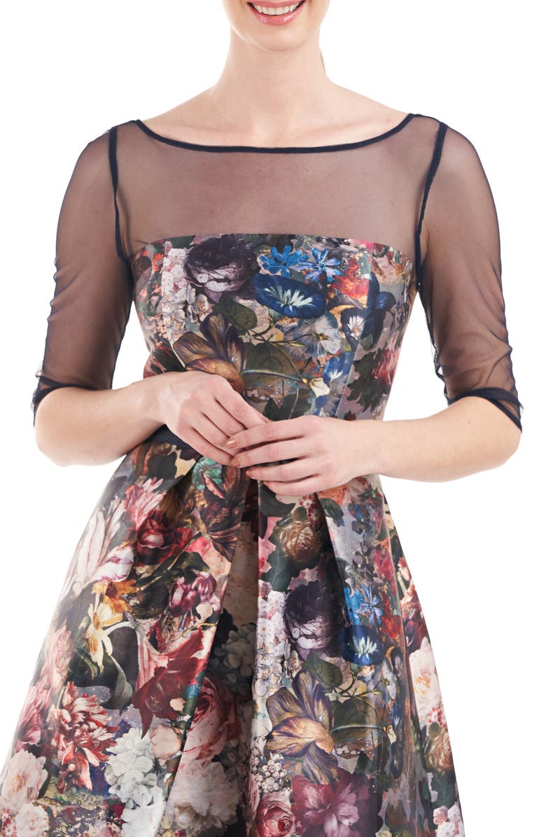 Kay Unger Bonnie Floral Mixed Media Midi Cocktail Dress, Alternate, color, 