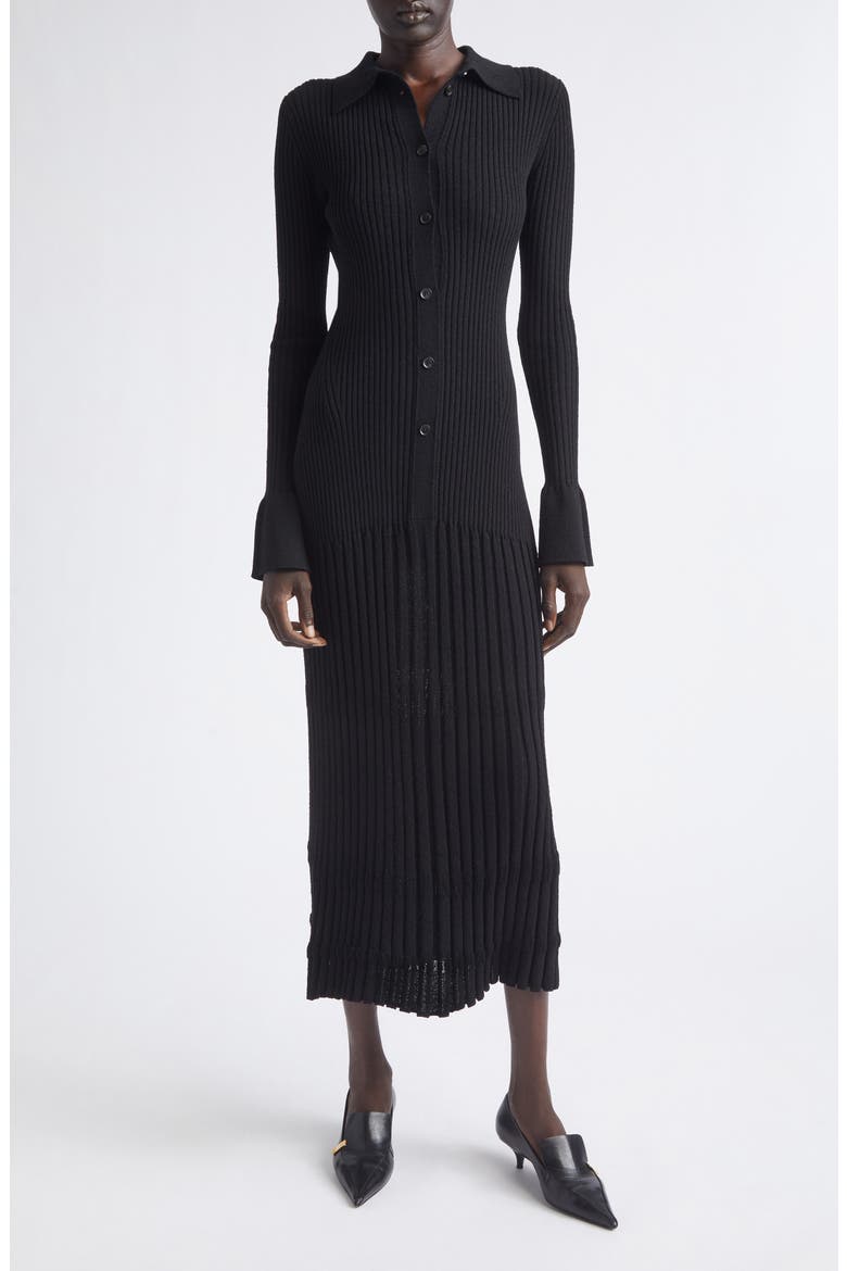 Rosario Point Collar Ribbed Midi Dress, Main, color, BLACK