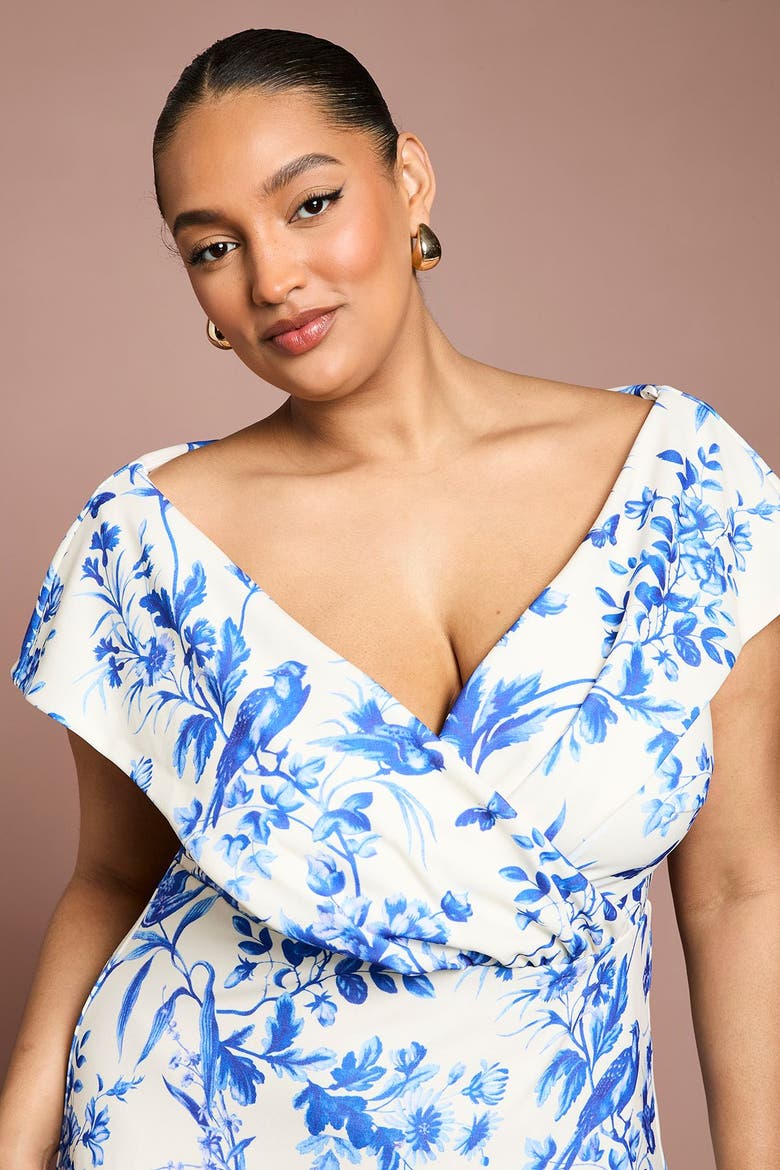 Plus Bardot Printed Wrap Midi Dress, Alternate, color, Ivory