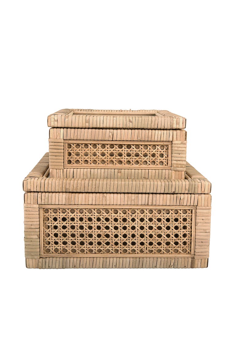 Woven Wood and Rattan Display Boxes with Glass Lids, Natural, Set of 2, Main, color, Natural