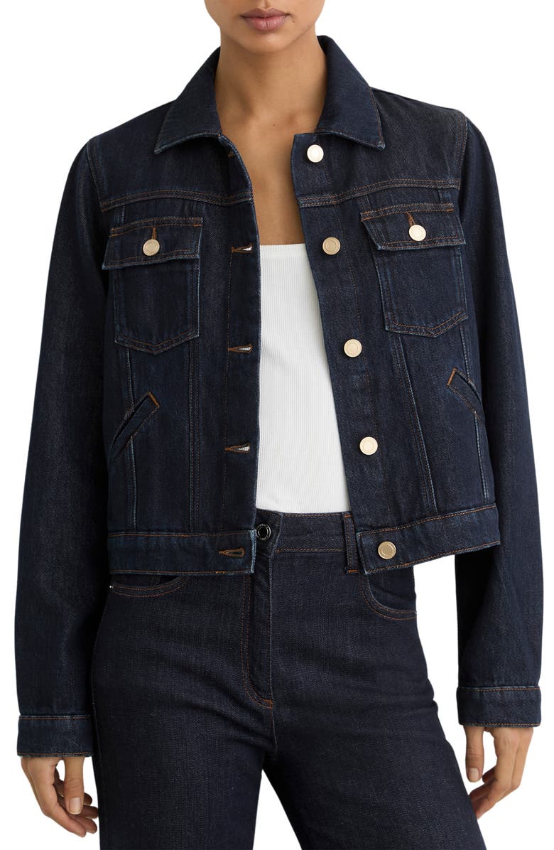 Reiss Carmen Denim Trucker Jacket, Main, color, Dark Blue