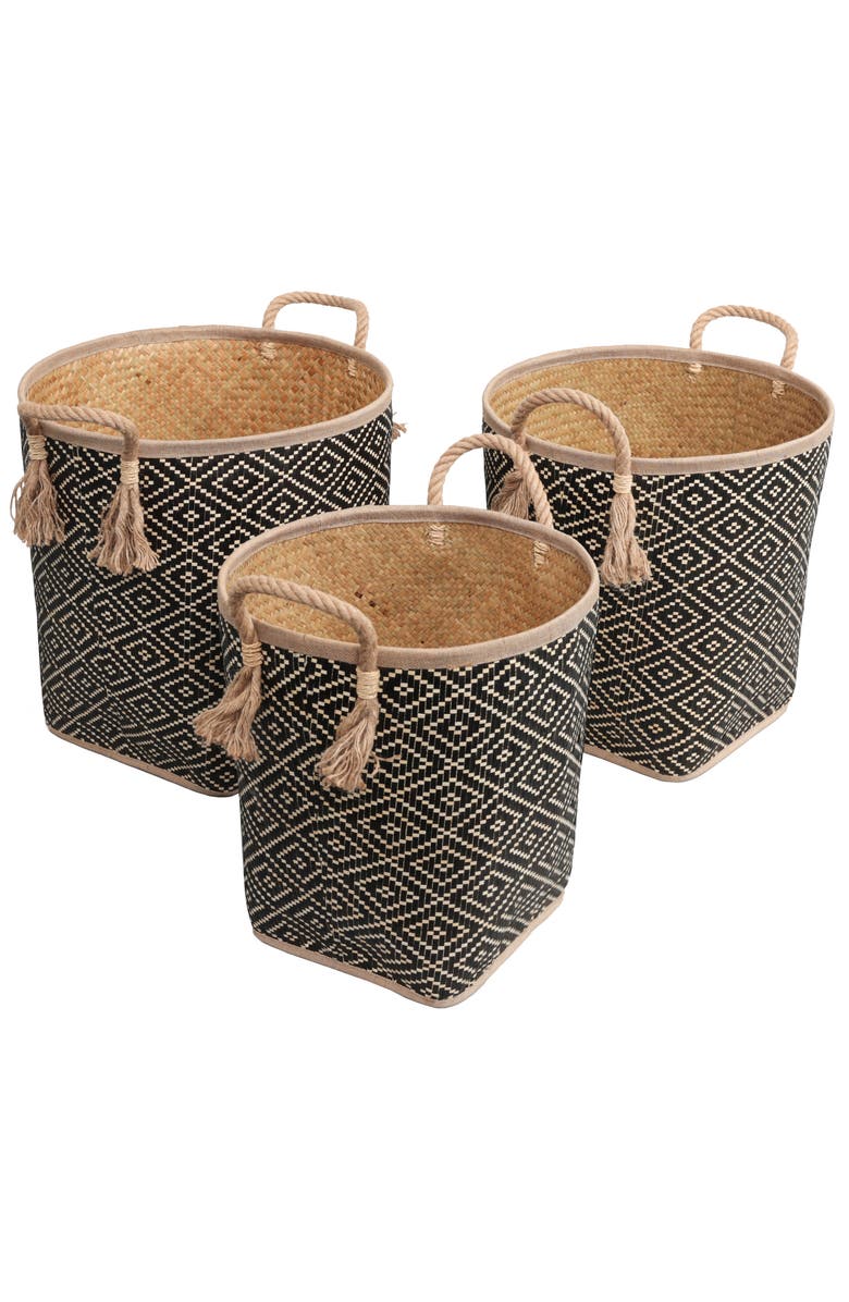HAPPIMESS Celia Handwoven Palm Leaf Nesting Storage Baskets with Rope Handles, Main, color, Natural/White