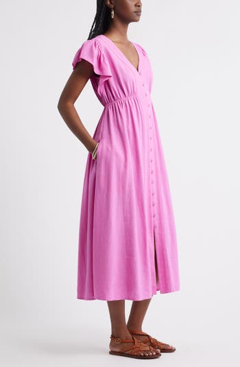 Short Sleeve Button Down Linen Blend Midi Dress