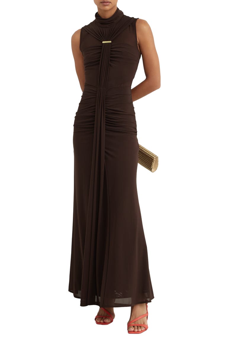 Colette Ruched Sleeveless Maxi Dress, Main, color, CHOCOLATE BROWN