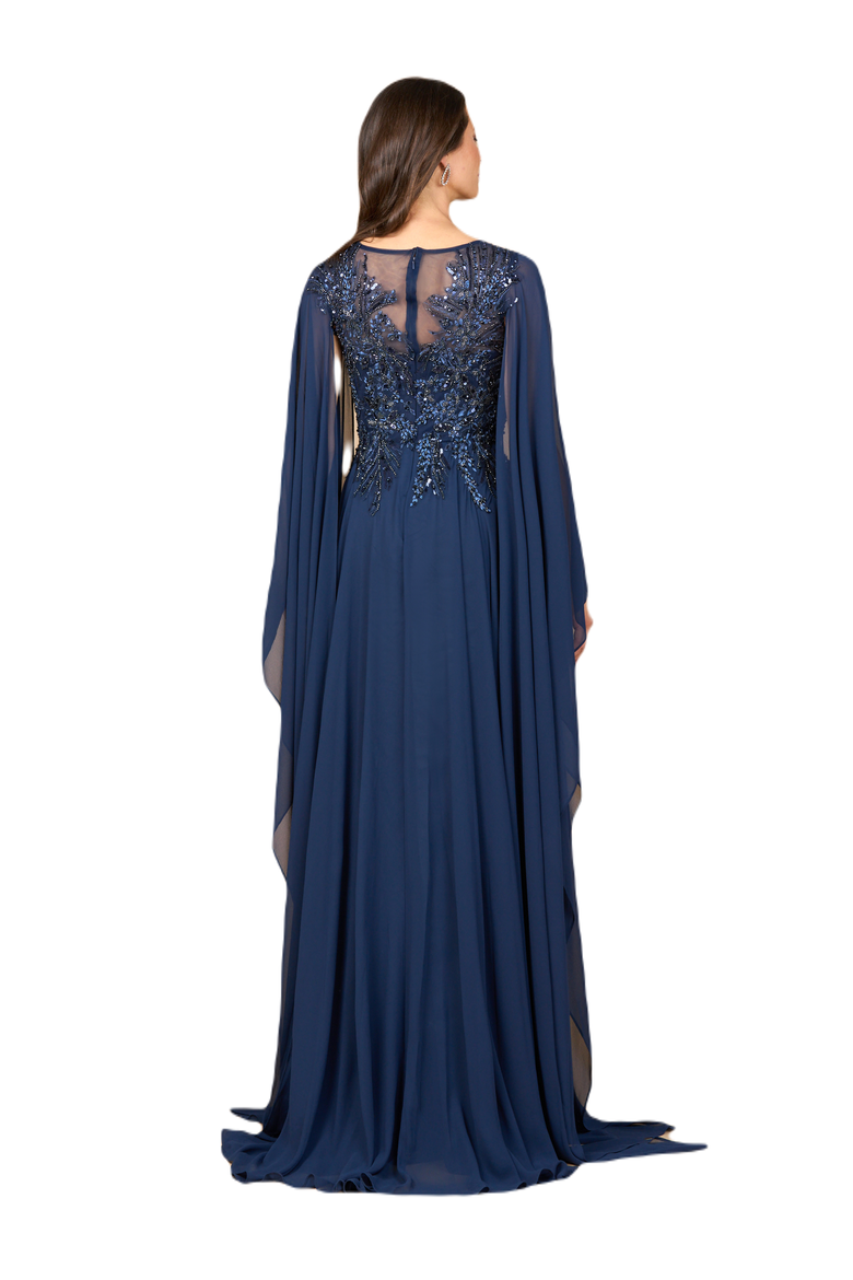 Chiffon A-line Long Gown with Cape Sleeves, Alternate, color, Gunmetal