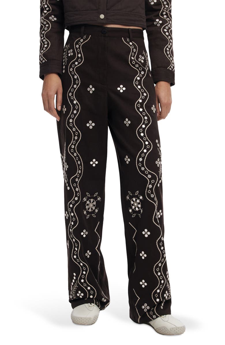 Desigual Embroidered Straight Leg Pants, Main, color, Dark Brown