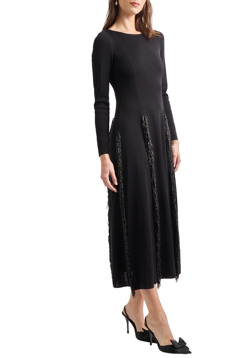 Misook Sequin Fringe Long Sleeve Fit & Flare Dress, Alternate, color, 