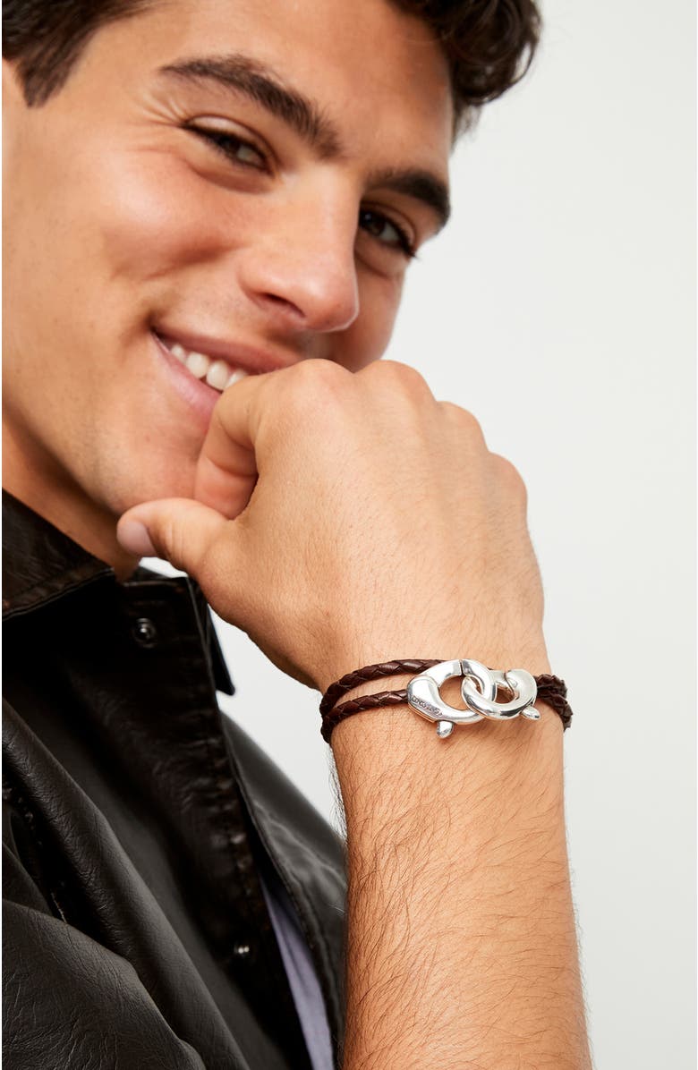 UNODE50 Brown double leather strap with sterling silver-plated interlocking carabiner detail, Alternate, color, Silver