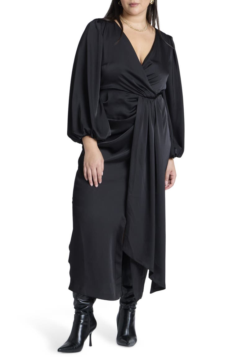 Satin Puff Sleeve Pleated Dress, Main, color, BLACK