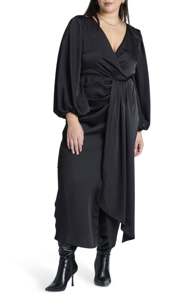 ELOQUII Ruched Puff Shoulder Satin Maxi Dress, Main, color, 