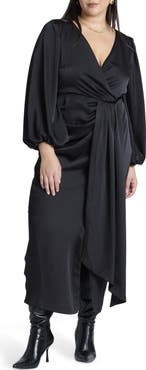 ELOQUII Satin Puff Sleeve Pleated Dress