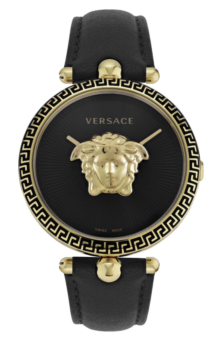 Versace Palazzo Empire Leather Strap Watch, 39mm, Main, color, Ip Yellow Gold