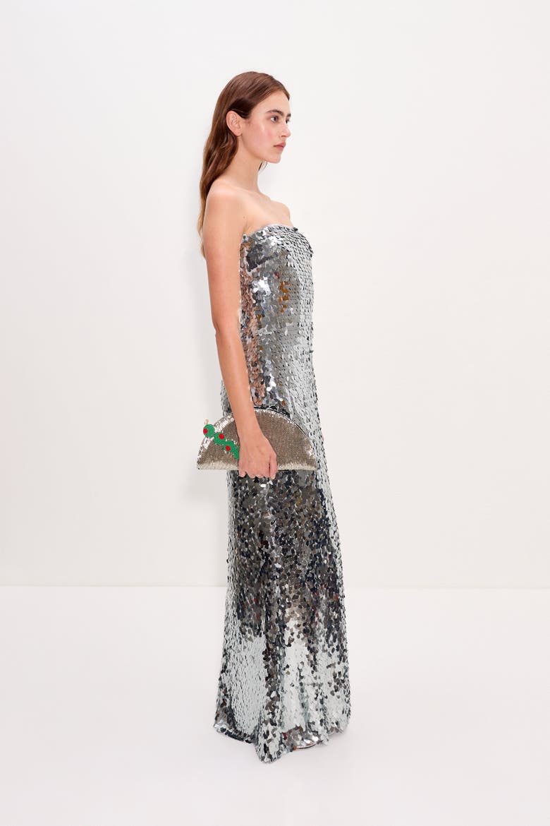 Sculpty Strapless Teardrop Sequin Dress, Alternate, color, Satellite Silver
