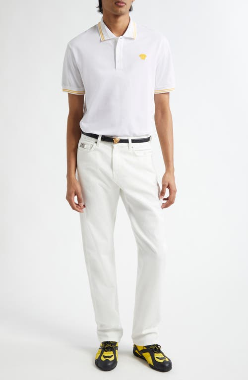 Versace White Polo Shirt With Classic Collar And Medusa Embroidery On The Front In White