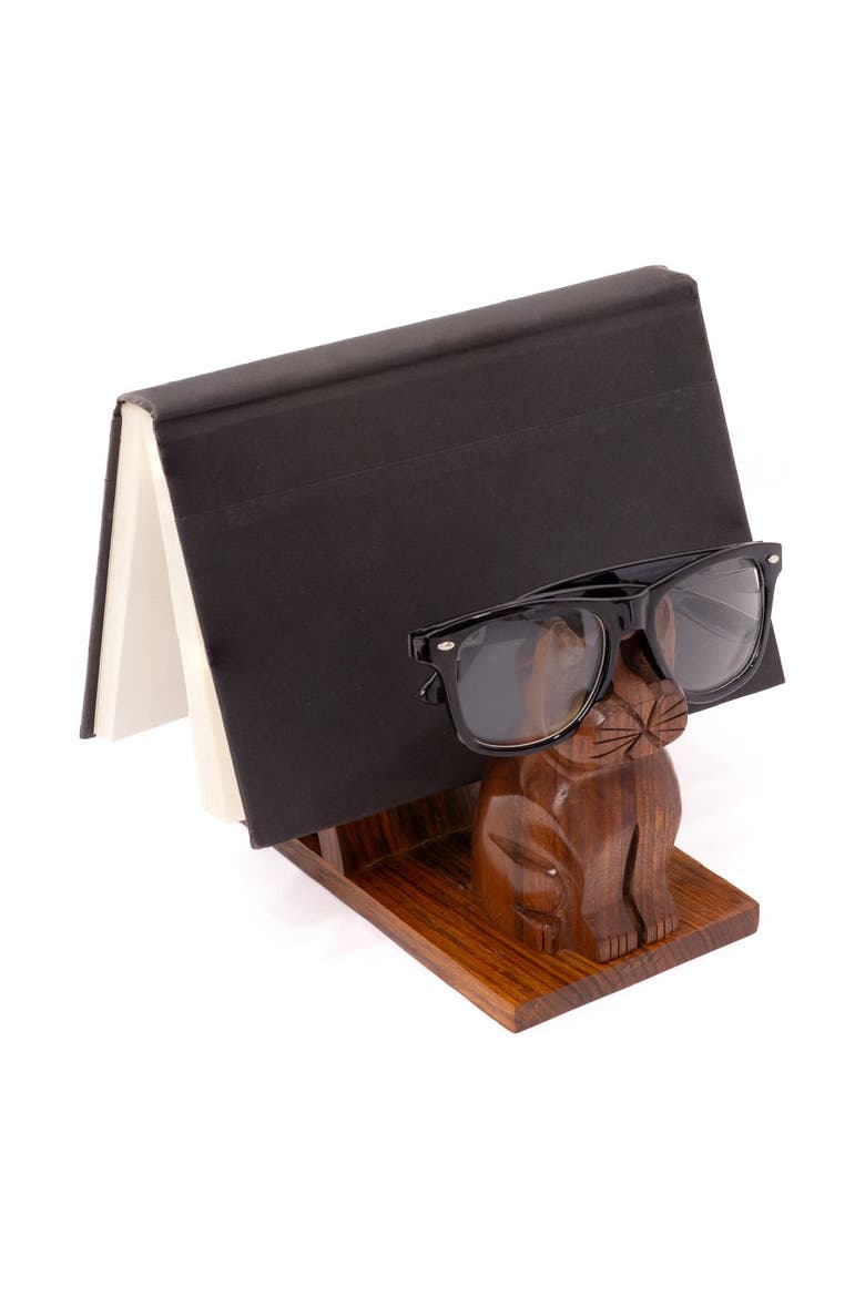 Cat Book & Glasses Caddy, Main, color, Brown