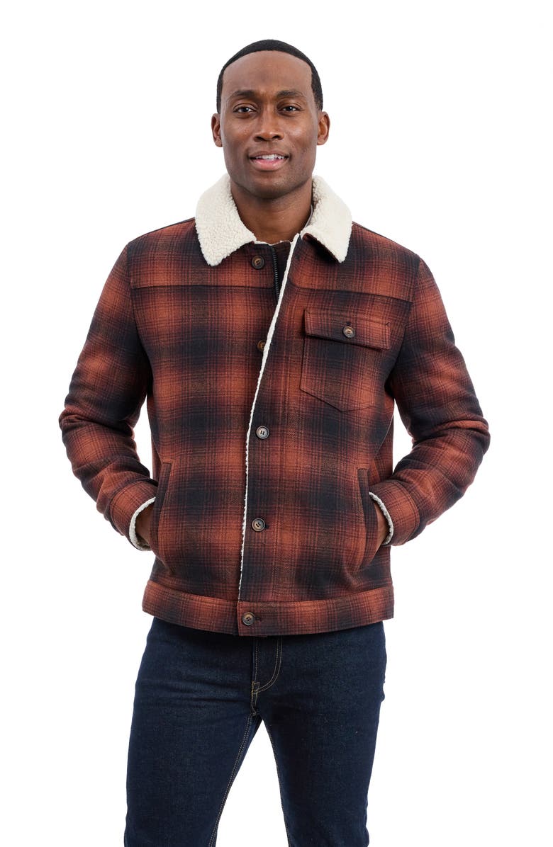 Lucky Brand Plaid Faux Shearling Lined Trucker Jacket, Alternate, color, Brown Plaid