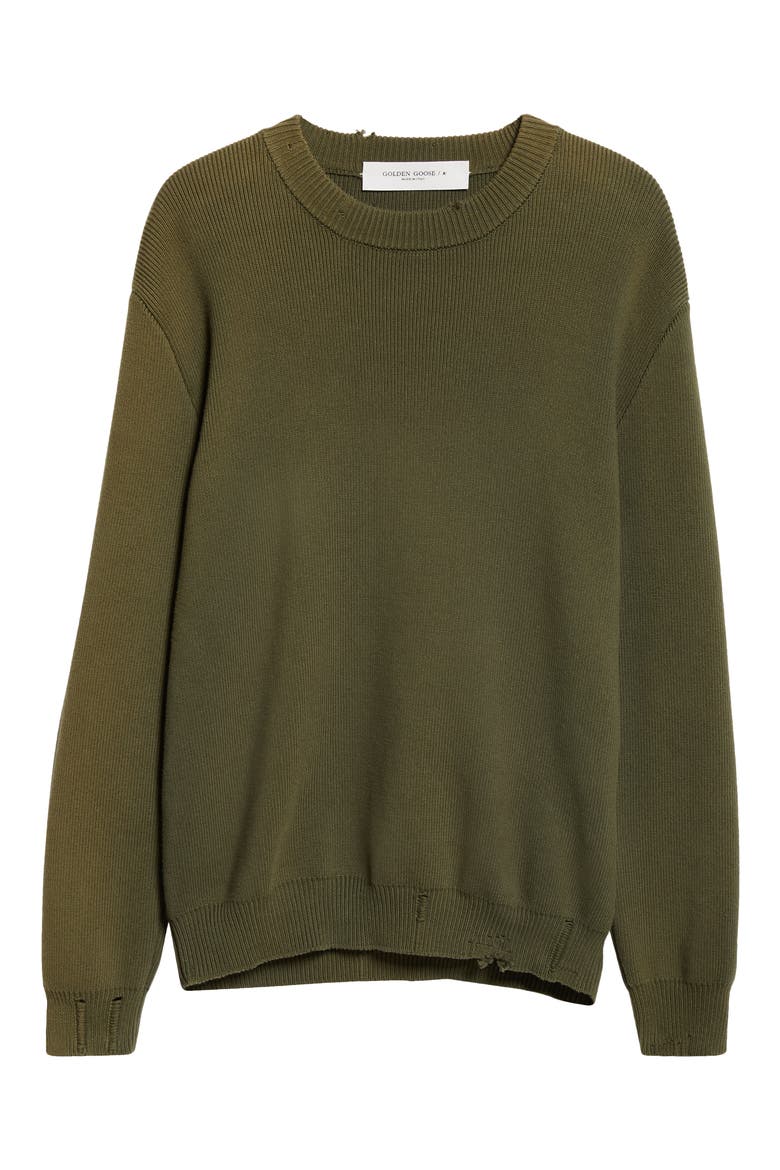 Distressed Cotton Blend Sweater, Alternate, color, MILITARY GREEN