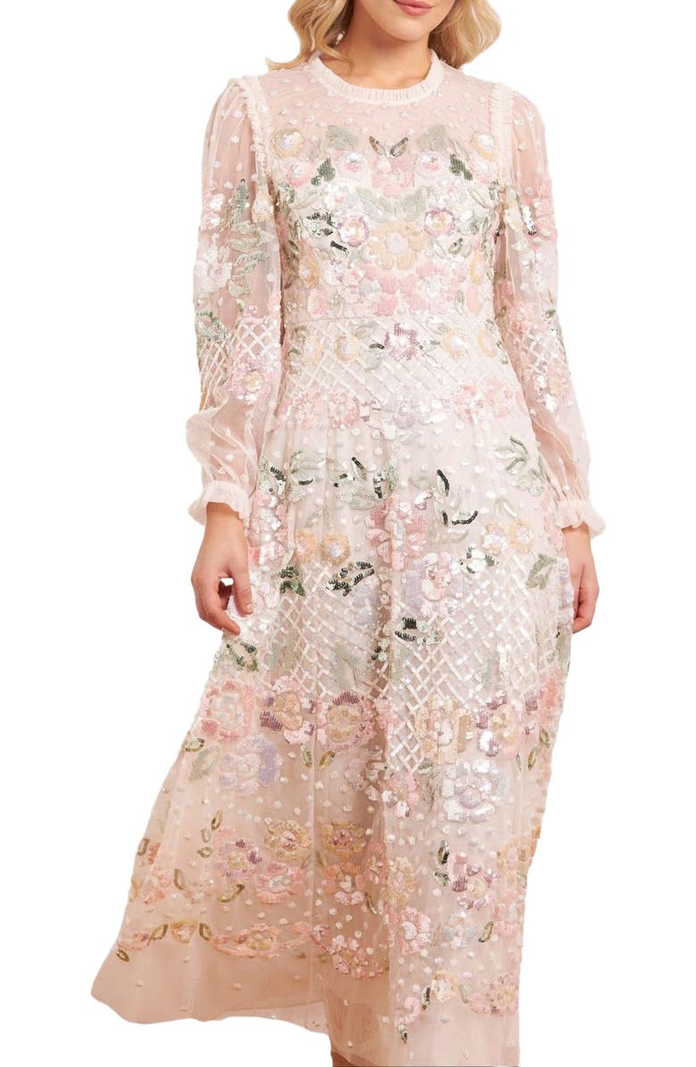 Needle & Thread Rosalie Long Sleeve Ankle Gown, Alternate, color, Cream