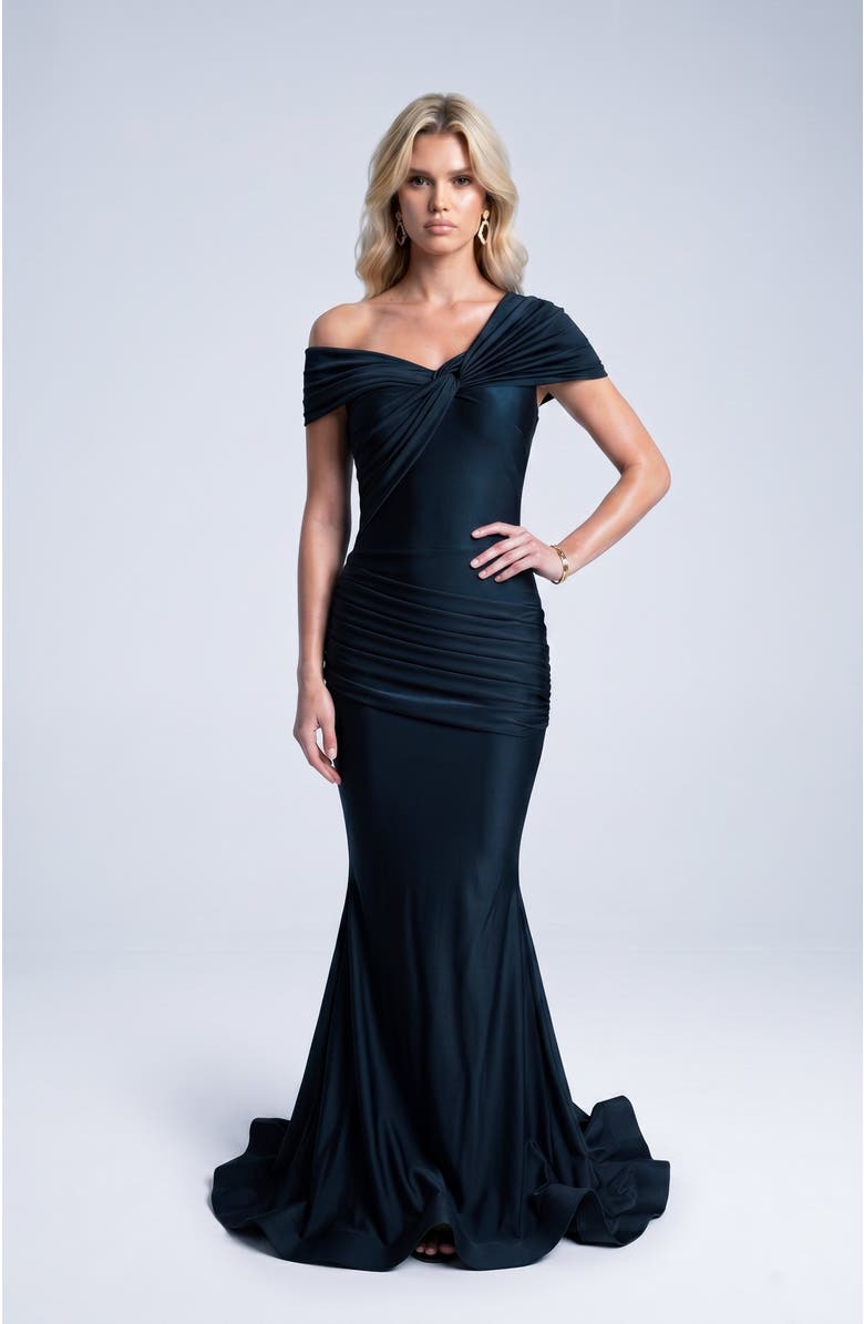 Jessica Angel One Shoulder Twist Ruched Mermaid Evening Gown, Main, color, Black
