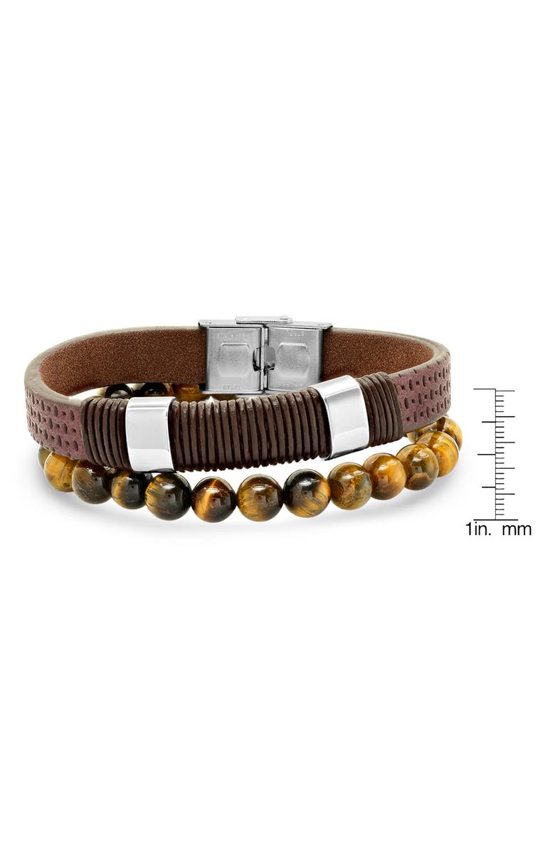 HMY JEWELRY Men's 2-Piece Leather & Tiger's Eye Beaded Bracelets, Alternate, color, Silver/ Brown