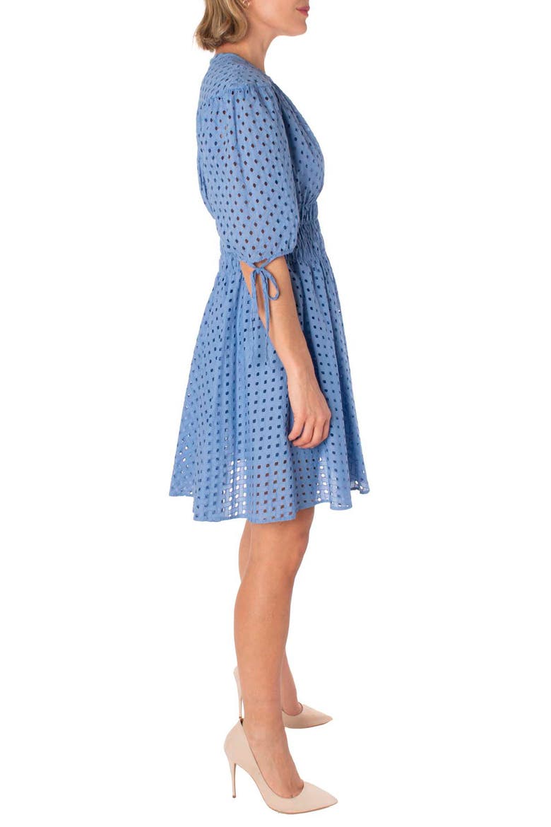 Eyelet Elbow Sleeve Smocked Fit & Flare Dress, Alternate, color, DENIM BLUE