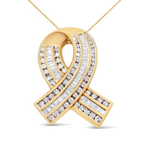 14K Yellow Gold 2 5/8 Cttw Diamond Awareness Ribbon Pendant Necklace - NO CHAIN