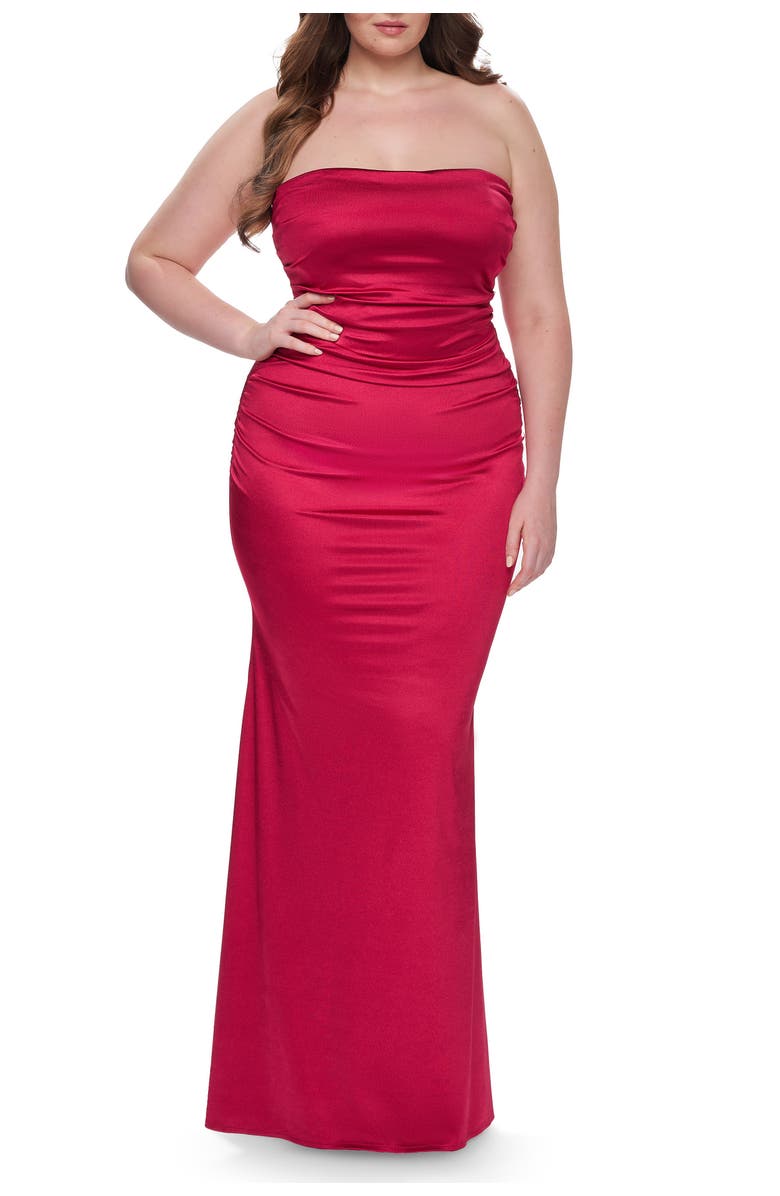 La Femme Strapless Satin Plus Size Dress with Ruching, Main, color, Deep Red